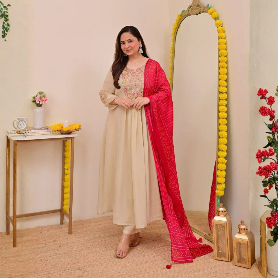 CP Vichitra Silk Embroidered Kurti Bottom Set with Printed Silk Dupatta