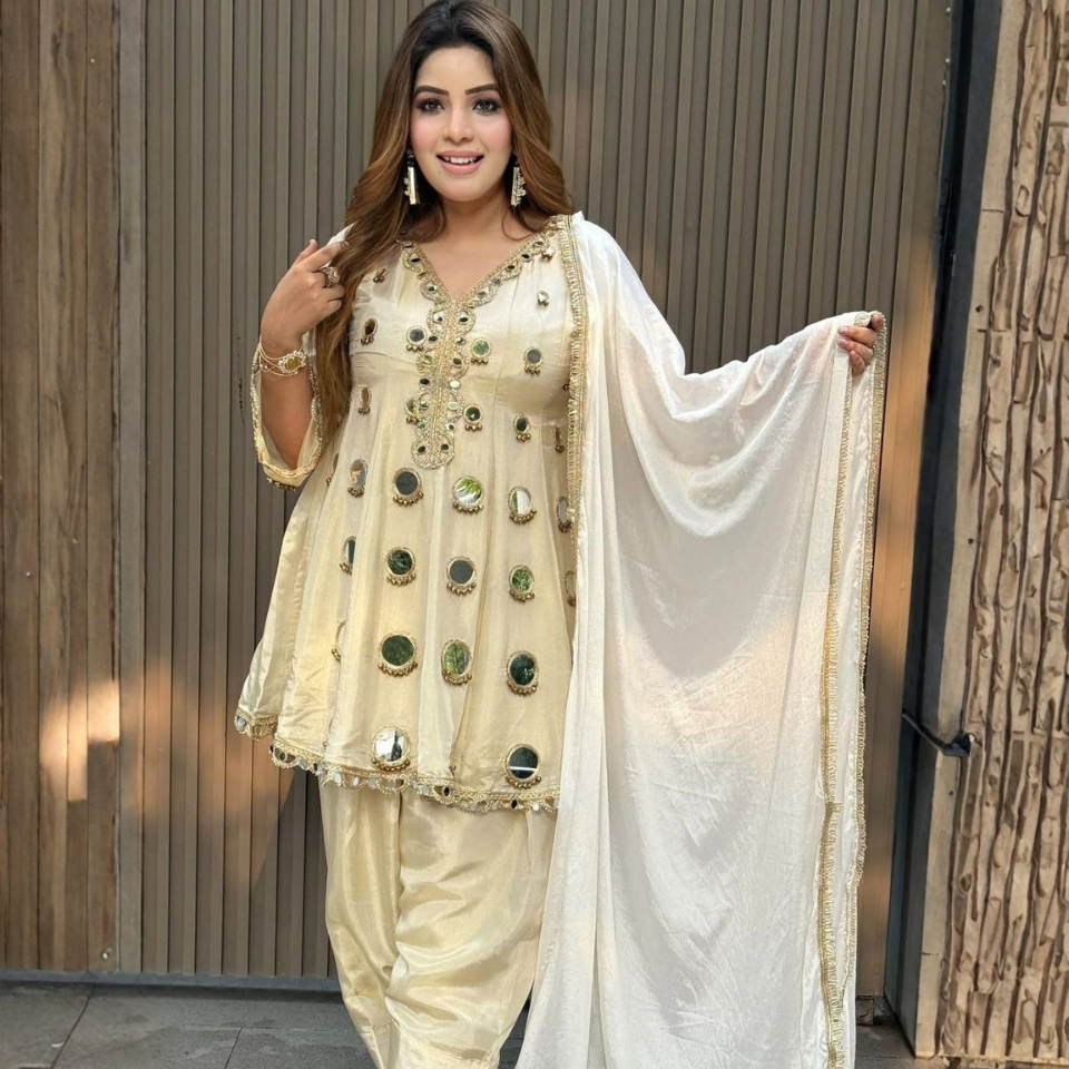 Premium Tissue Silk Kurti Set with Mirror Work & Floral Embroidery