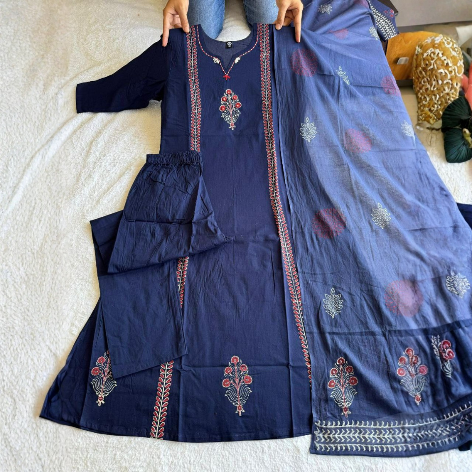 Pure Cotton Navy Blue Kurti Set with Hand Block Print & Mirror Work