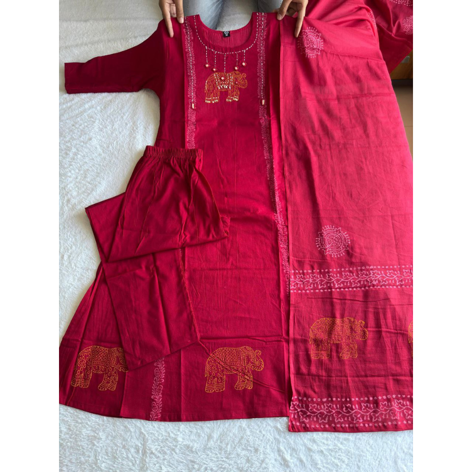 Pure Cotton Mirror Work Kurti Set with Hand Block Print Mul Cotton Dupatta