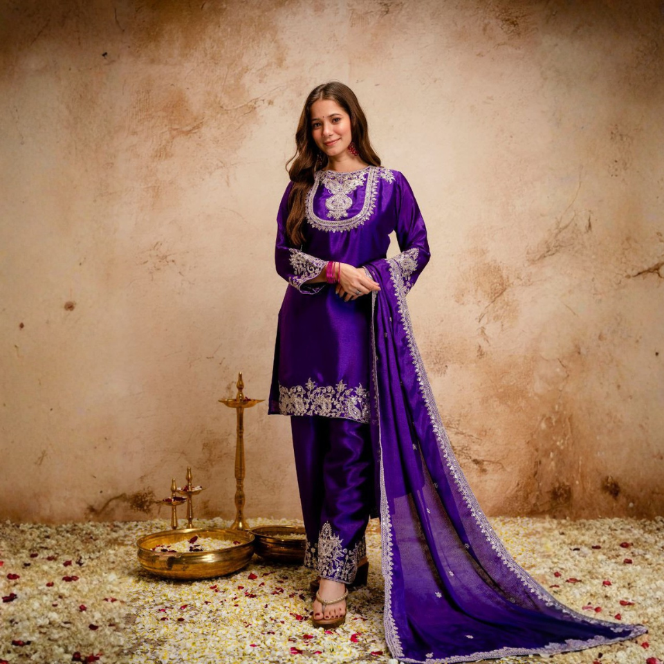 Viscose Chinon Silk Embroidered Kurti Set with Dupatta