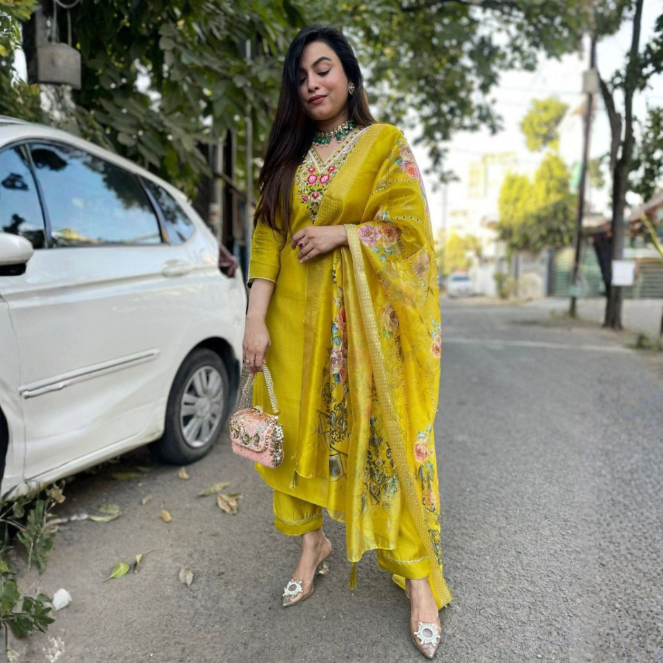 Pure Viscose Chanderi Sequin Embroidered Suit with Heavy Jacquard Dupatta