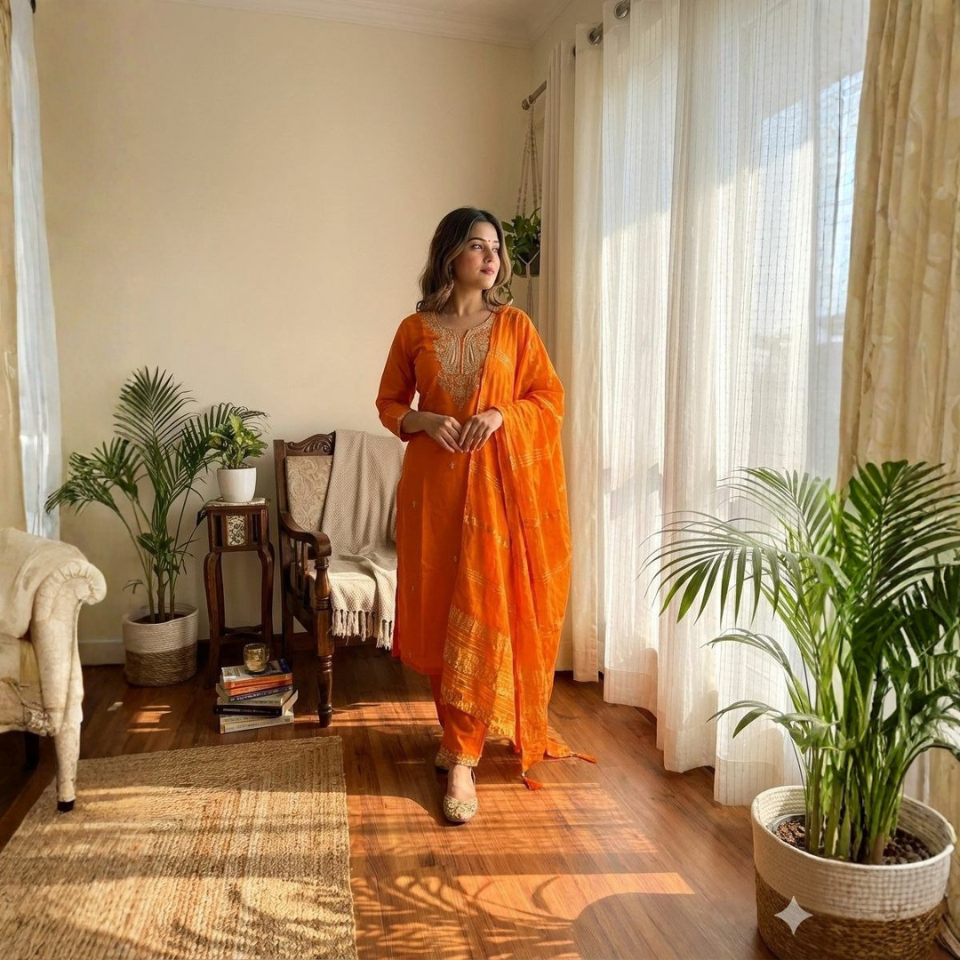 Roman Silk Embroidered Kurti Pant Set with Cotton Silk Dupatta