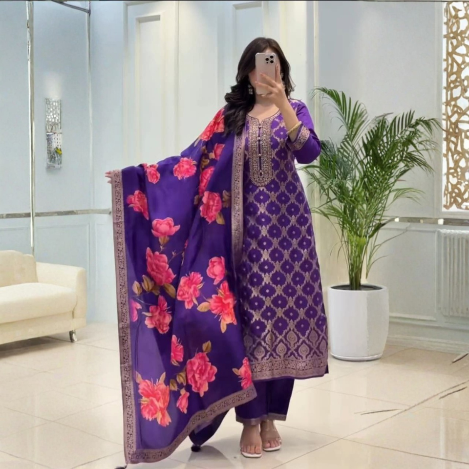 Banarasi Silk Look Kurti Pant Dupatta Set with Jari Work and Cotton Lining