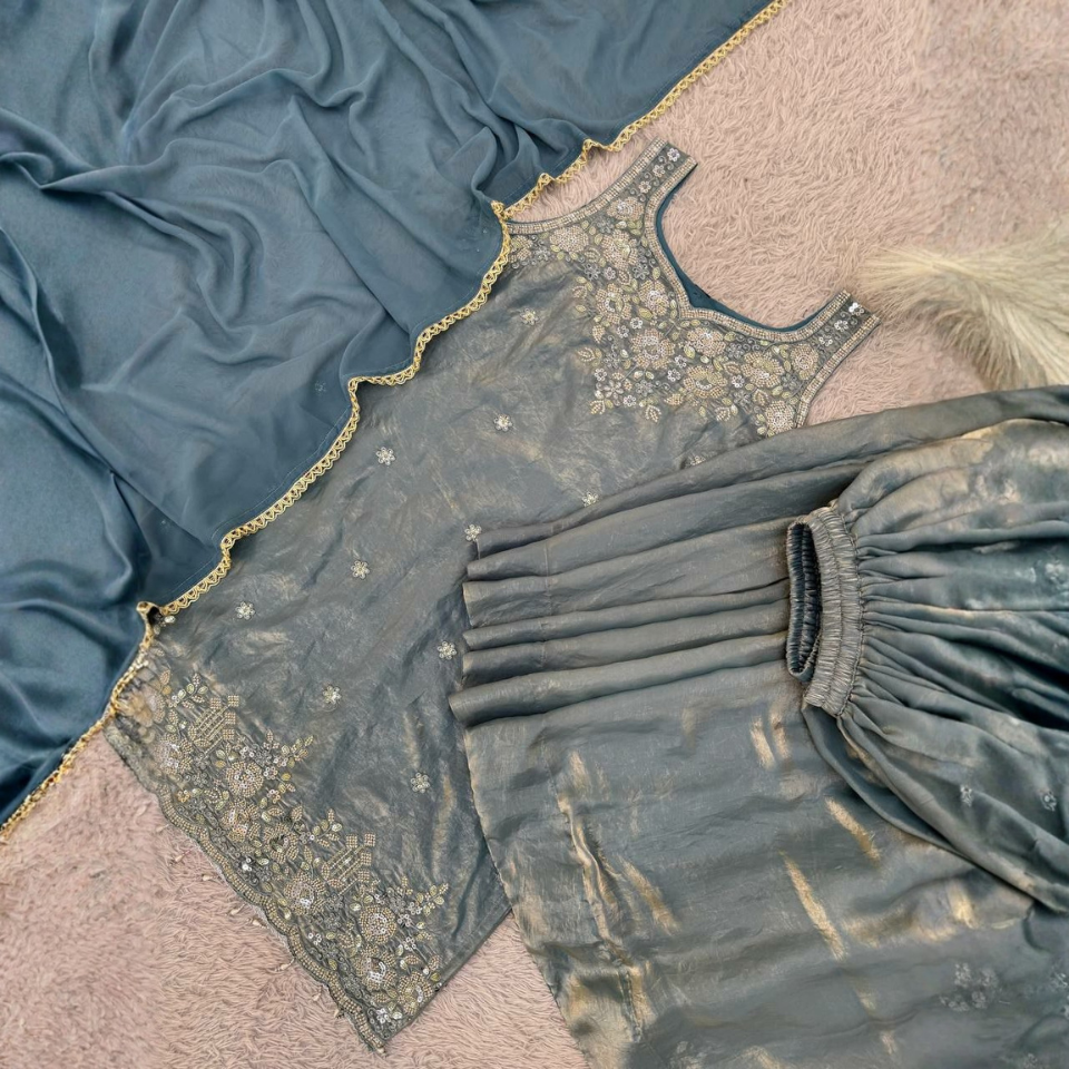 Pure Trendy Silk Embroidered Kurti Set with Flared Palazzo & Faux Georgette Dupatta