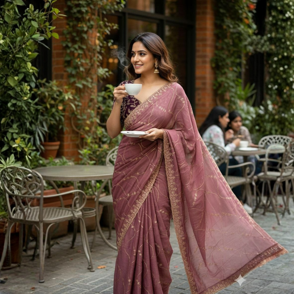 Star Georgette Embroidered Saree with Contrast Running Blouse