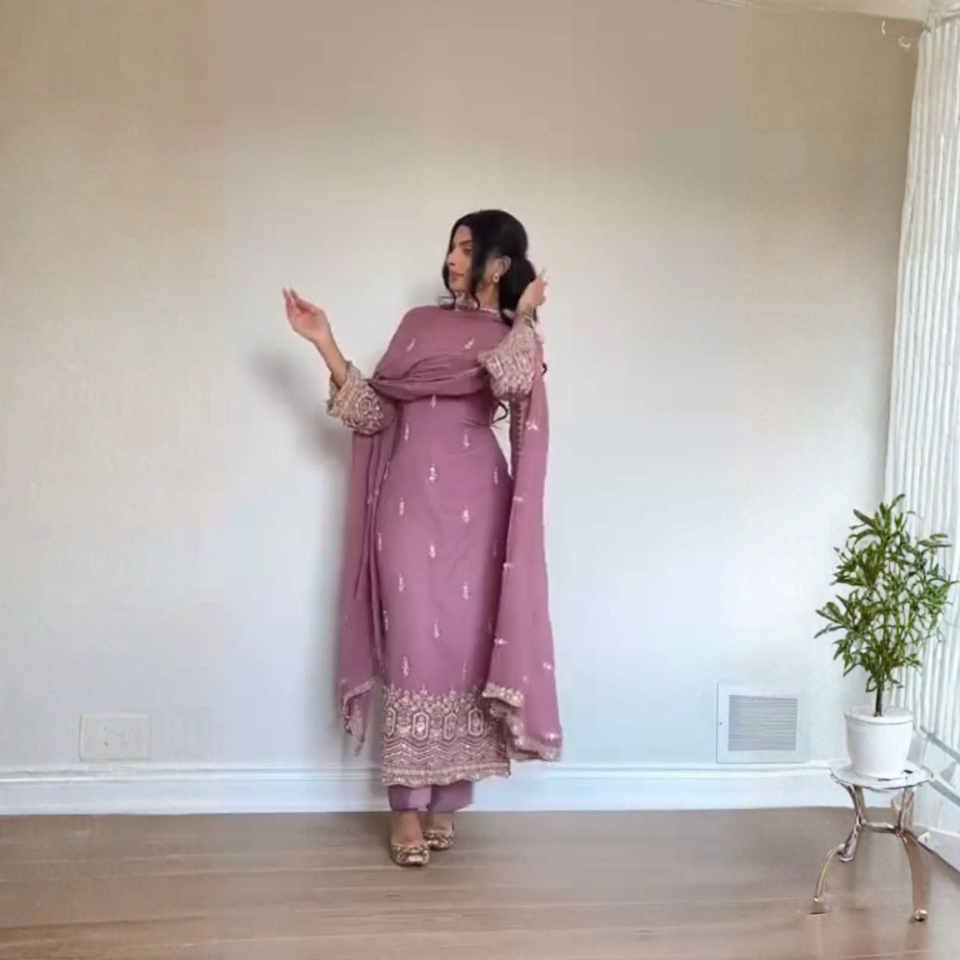 Heavy Faux Georgette Embroidered Long Kurta Set with Silk Bottom and Designer Dupatta