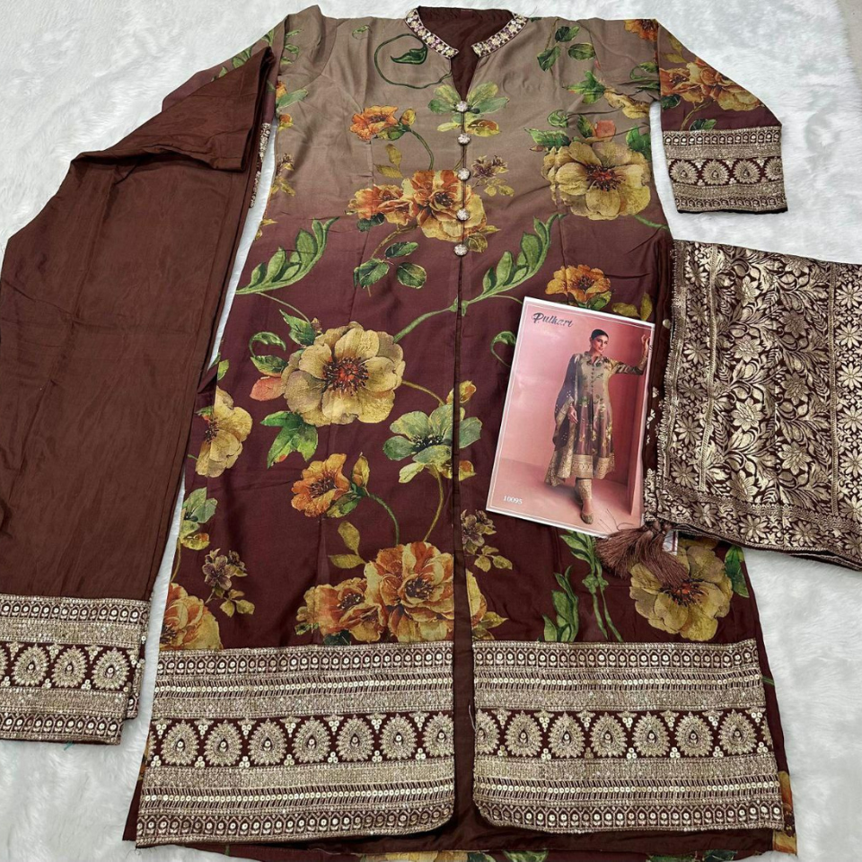 Premium Silk Digital Print Suit Set with Sequin Work & Jacquard Dupatta