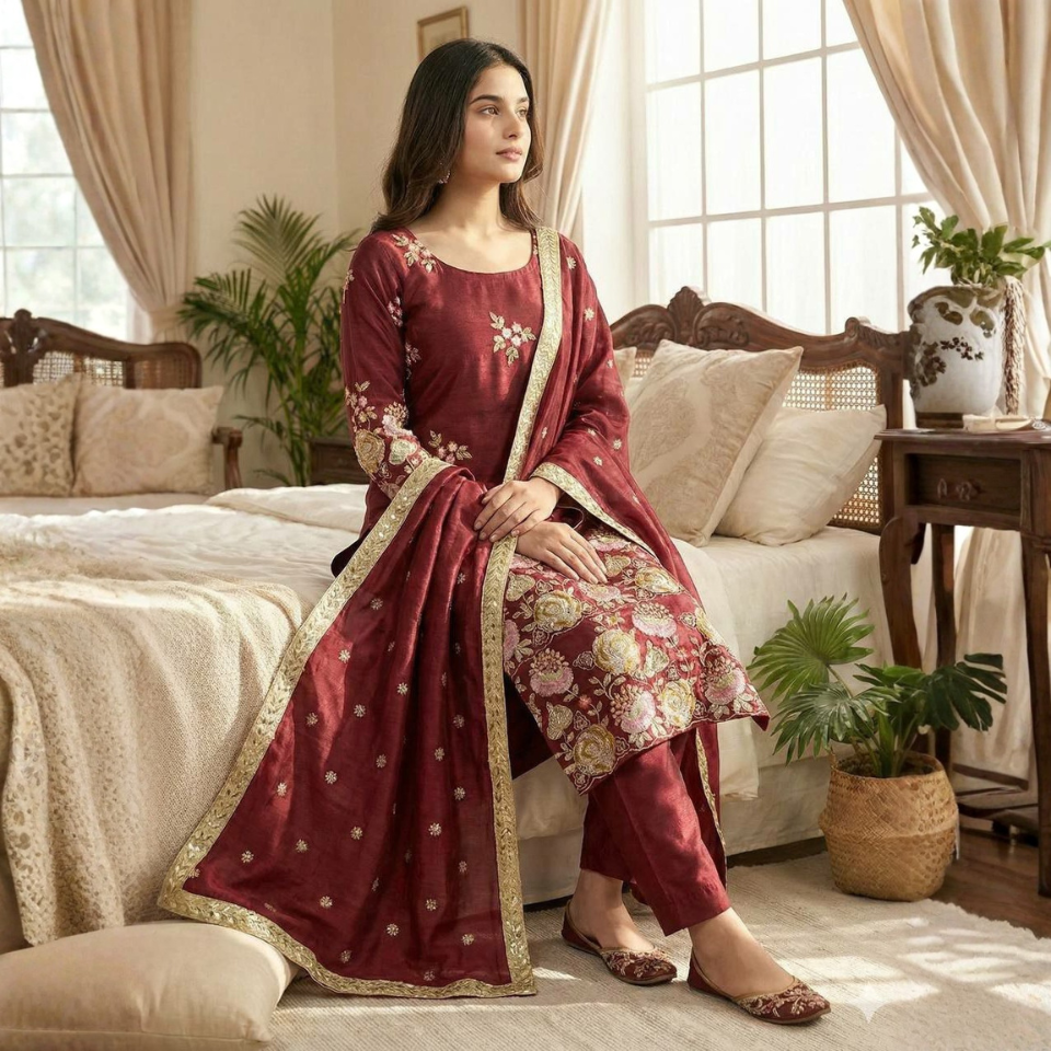 Premium Organza Poly Silk Embroidered Sequence Top with Stitched Plazzo & Dupatta