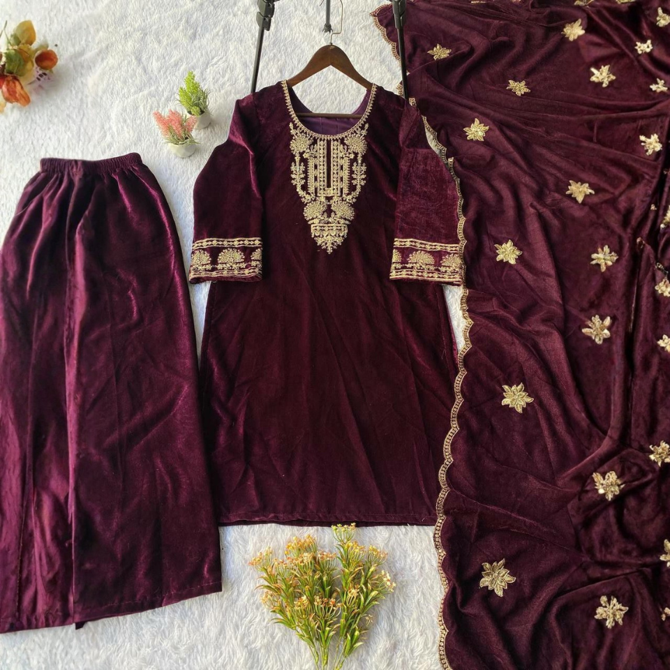 Velvet Sequence Embroidered Kurta Palazzo Set with Dupatta