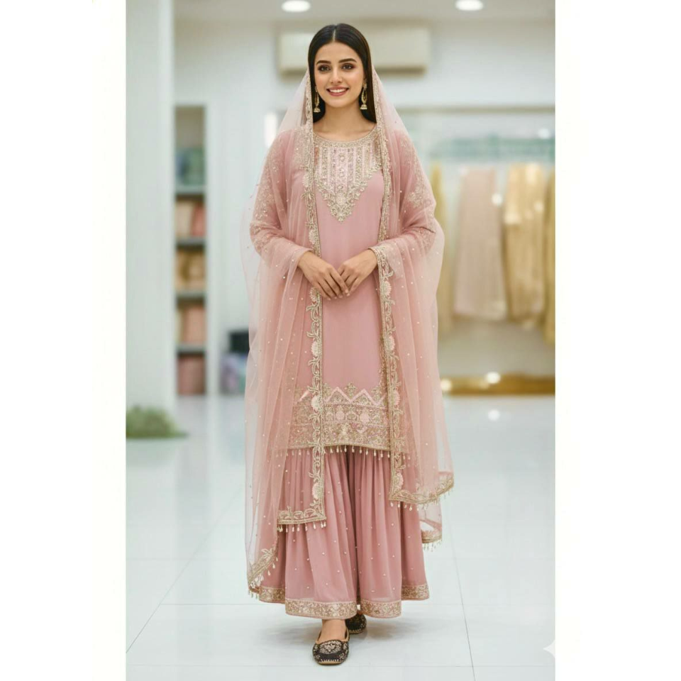 Heavy Faux Georgette Top Palazzo Set with Pearl Moti & Sequin Work Dupatta