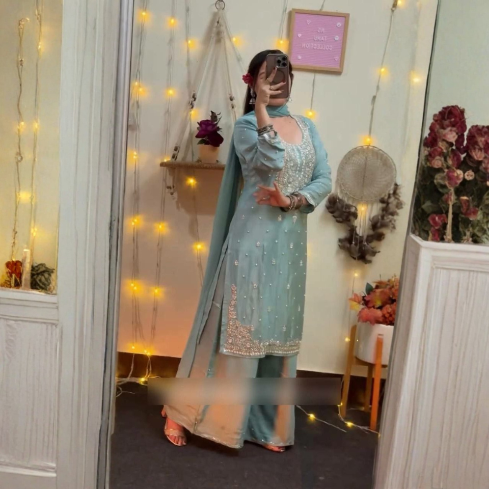 Women’s Heavy Faux Georgette Embroidered Palazzo Suit Set with Dupatta