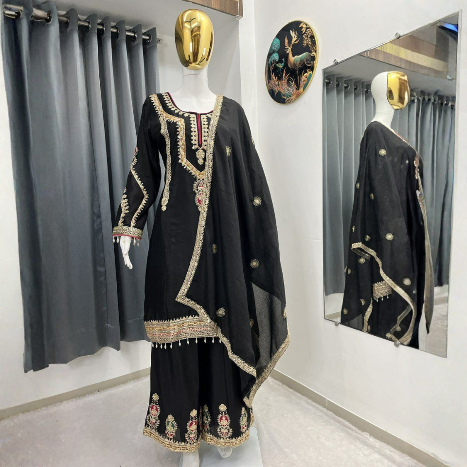 Women’s Chinon Silk Embroidered Sequin Kurta Palazzo Set with Dupatta