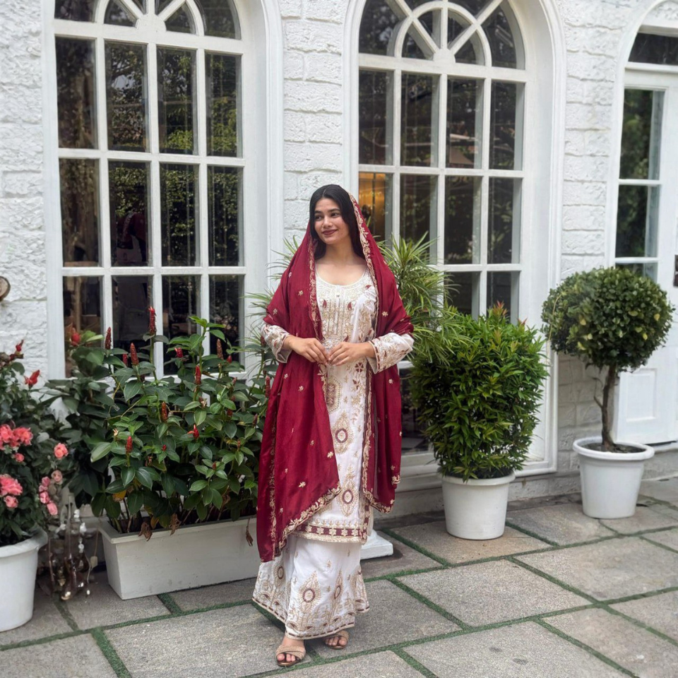 Eid Special Chinon Silk Embroidered Sequins Kurti Palazzo Dupatta Set