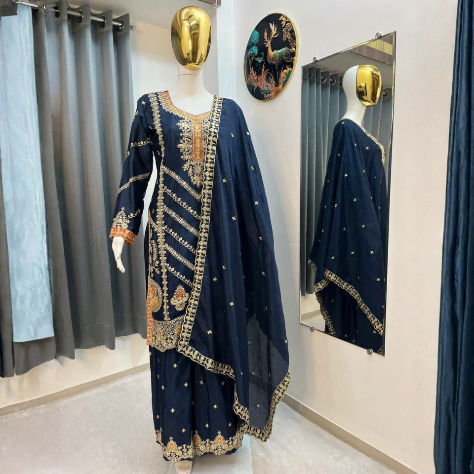 Chinon Silk Embroidered Sequence Top Plazzo Set with Dupatta