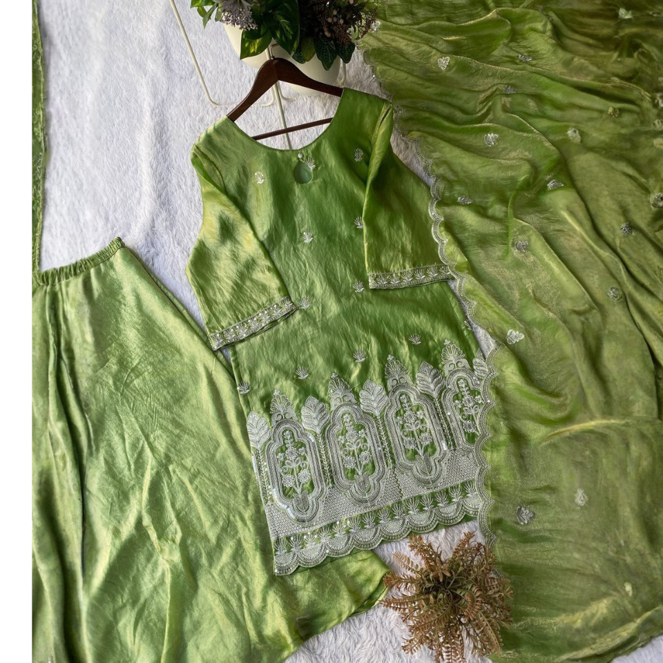 Fendy Sequence Embroidered Top Plazzo Set with Dupatta