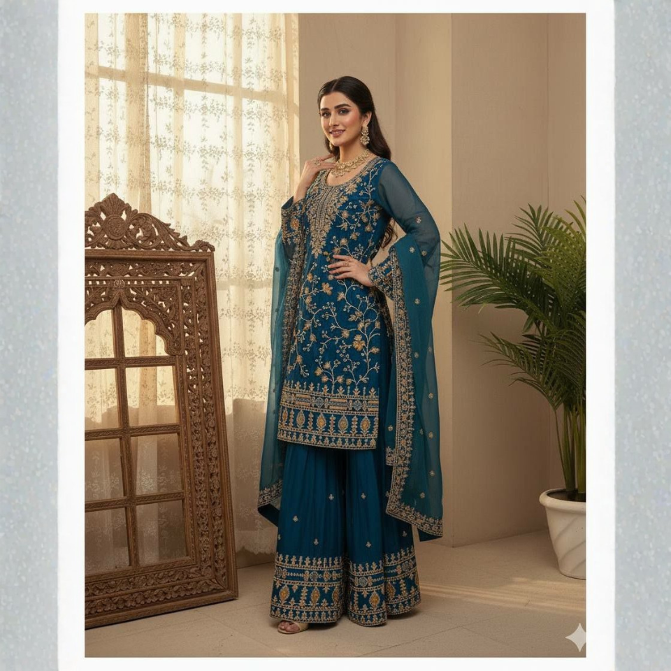 Jimmy Choo Sequence Embroidered Top Sharara Set with Dupatta
