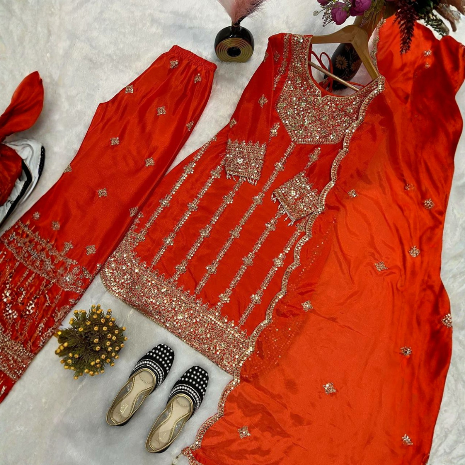 Premium Chinnon Silk Embroidered Kurti Plazzo Set with Lace Border Dupatta