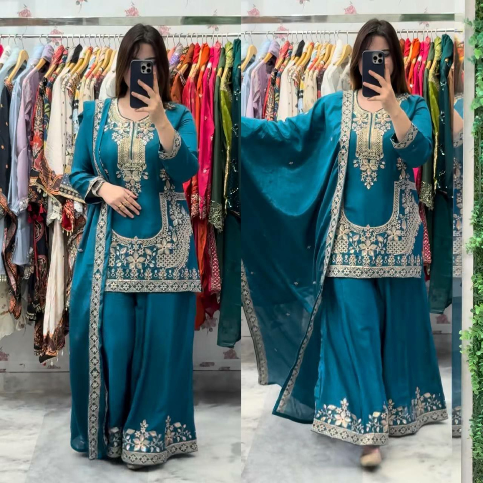 Luxury Crepe Silk Embroidered Sharara Plazzo Set with Moti Work Dupatta