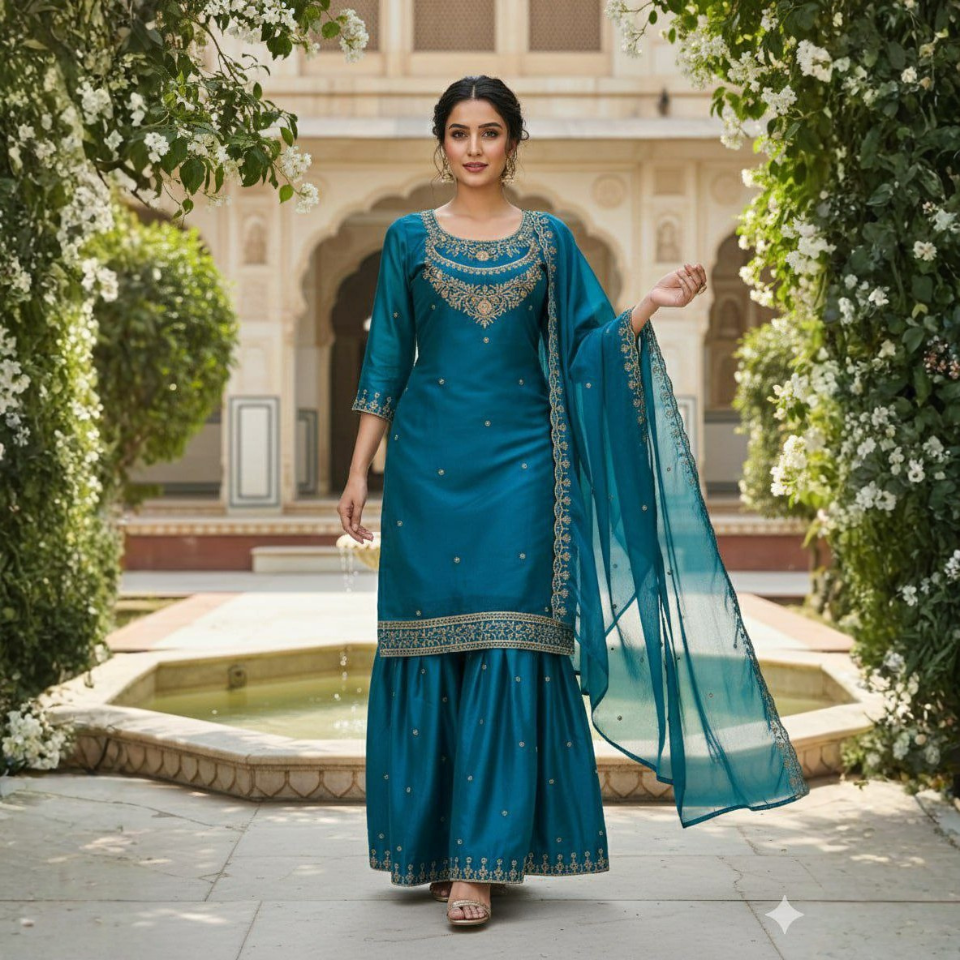 Fendy Fabric Heavy Embroidery Sequence Work Sharara Set with Dupatta