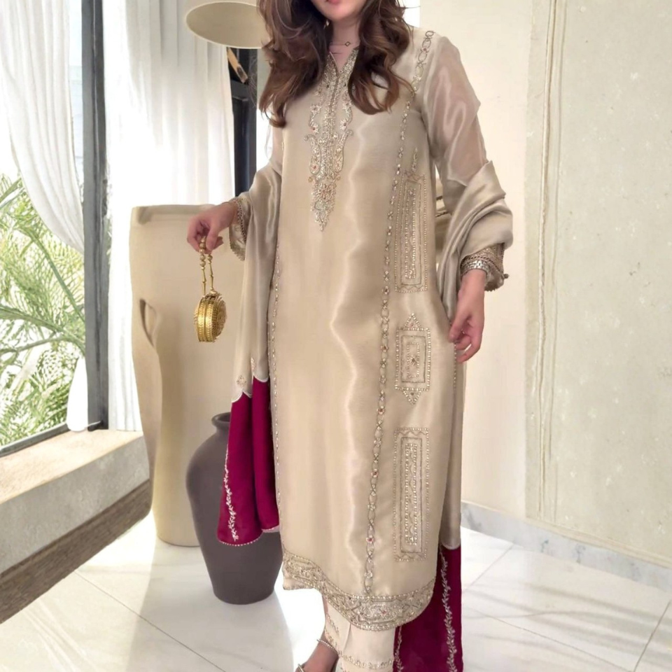 Pur Jimmy Choo Embroidered Sequence Work Kurti Palazzo Dupatta Set