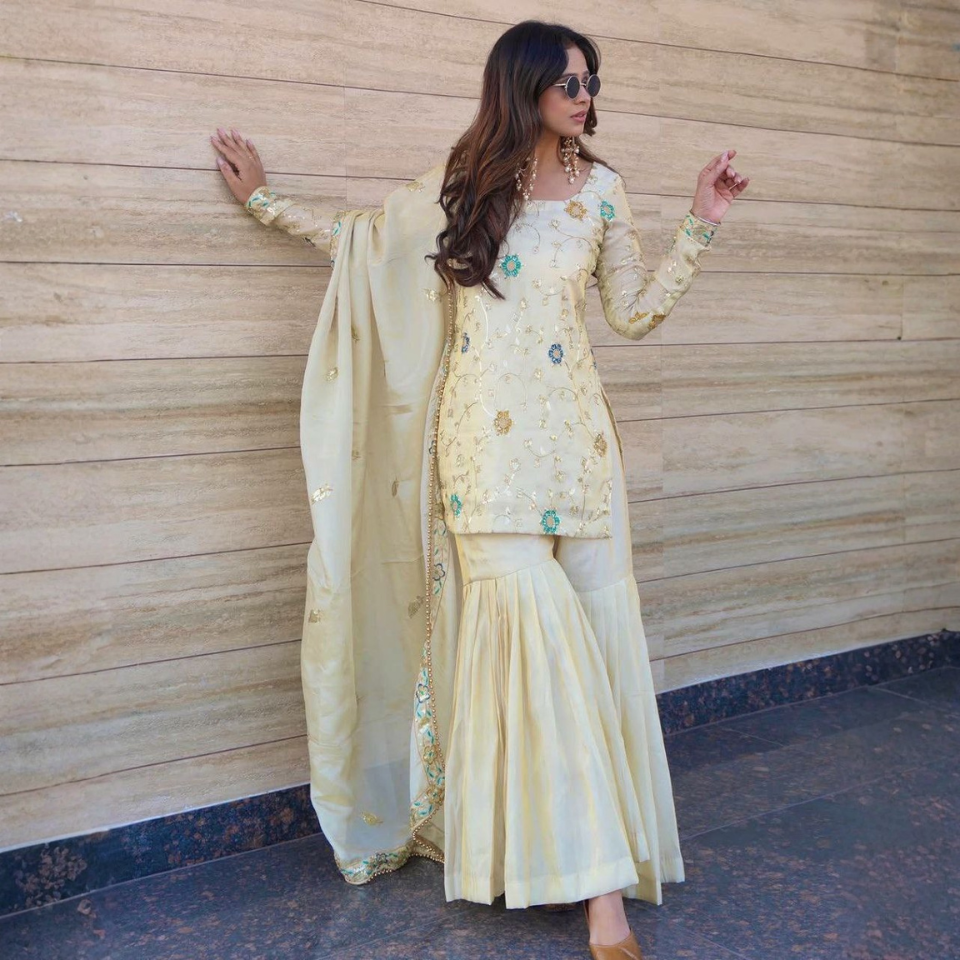 Heavy Pure Chinnon Embroidered Sequence Top with Stitched Sharara & Dupatta