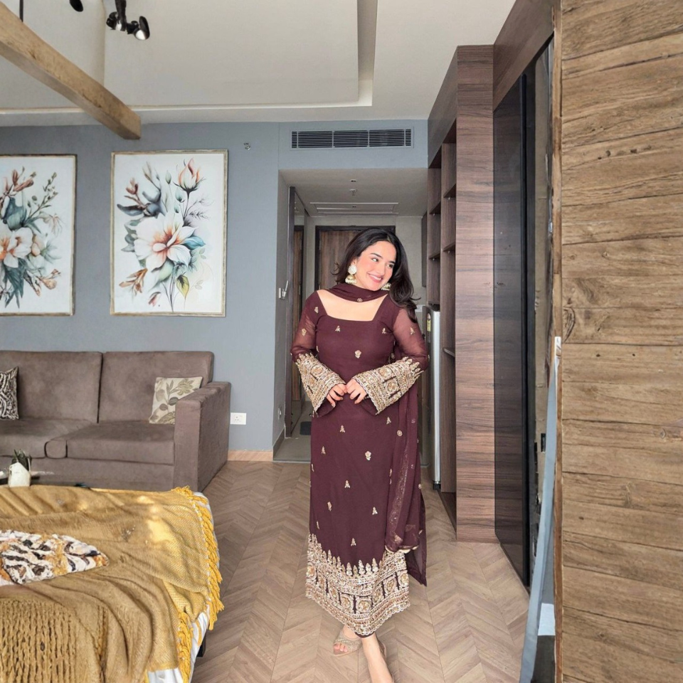 Premium Heavy Georgette Embroidered Sequence Top with Stitched Pant & Dupatta