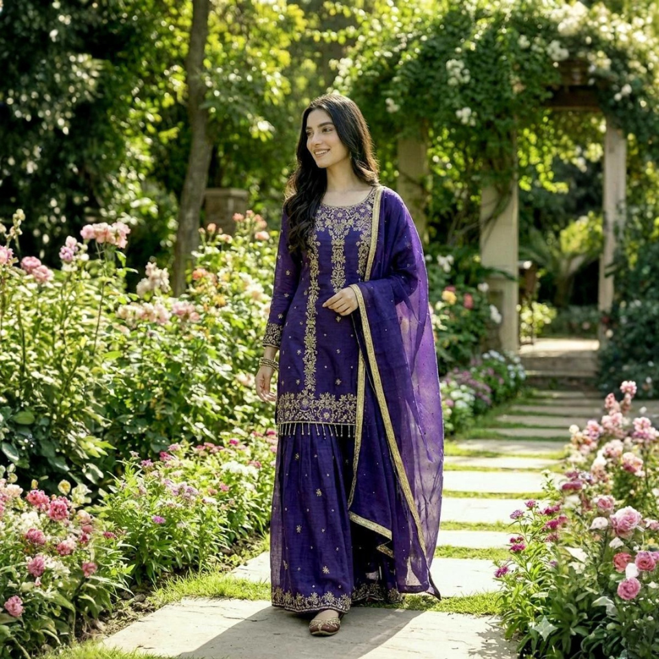 GMY Silk Heavy Embroidered Kurta Sharara Set with Dupatta