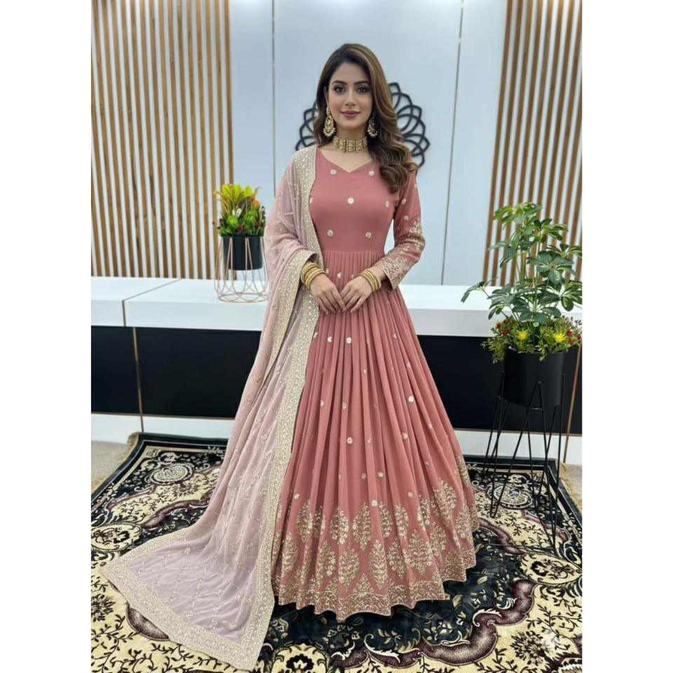 Heavy Faux Georgette Embroidered Ready-to-Wear Gown with Dupatta