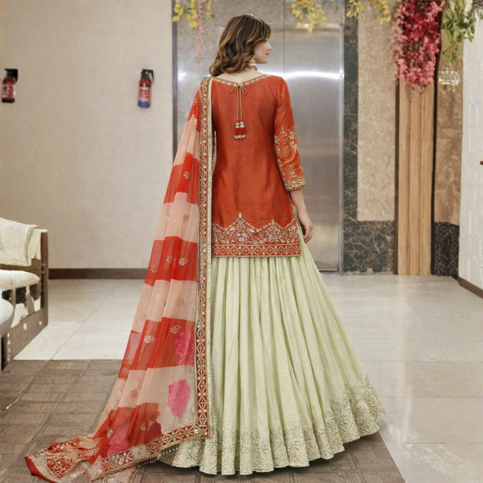 Women’s Fandy Silk Embroidered Top with Crepe Silk Lehenga & Organza Silk Dupatta