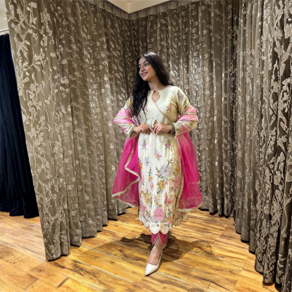 Heavy Sequence Embroidered Chinon Suit Set with Organza Dupatta