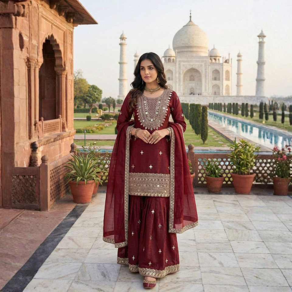 GMY Silk Embroidered Mirror Work Top Sharara Set with Dupatta