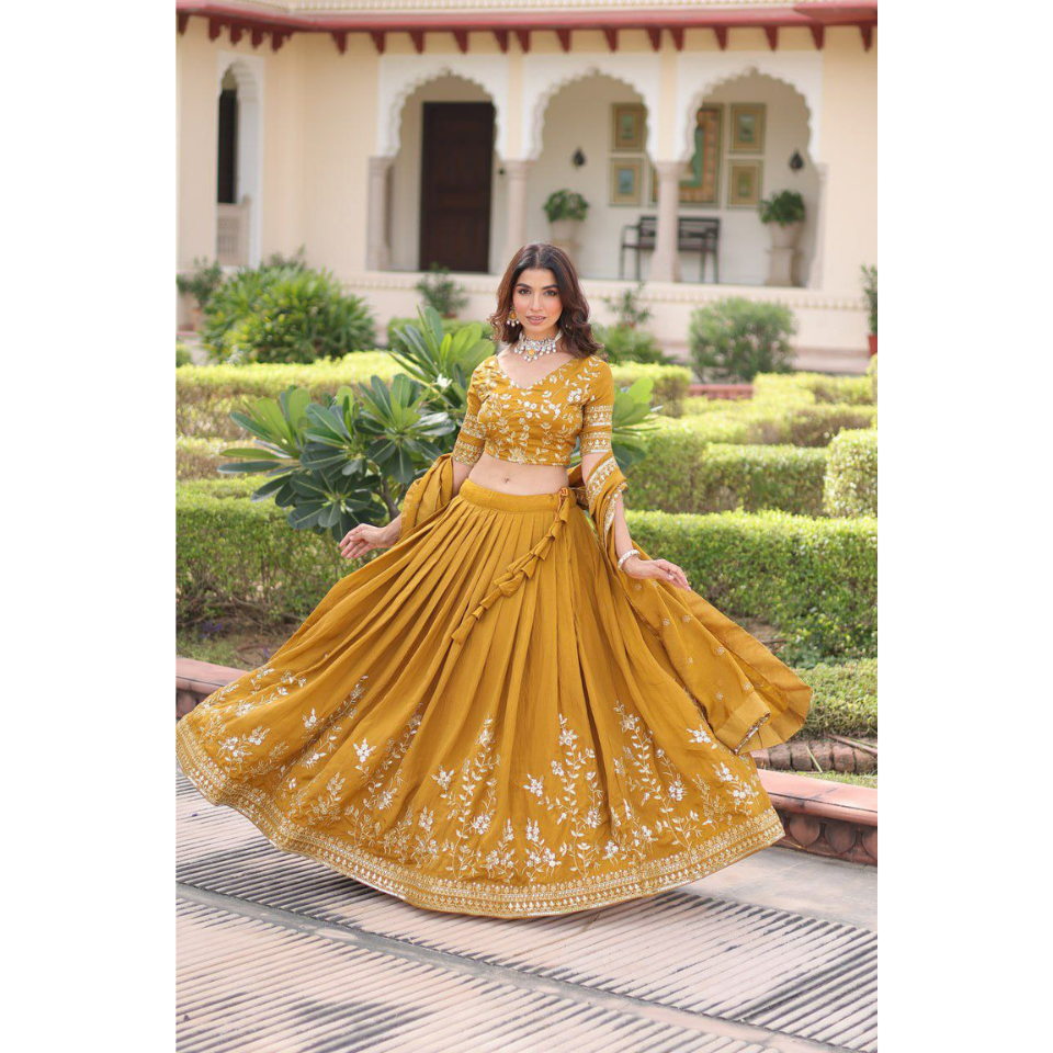 Vichitra Silk Heavy Sequins & Zari Embroidered Lehenga Choli with Designer Dupatta