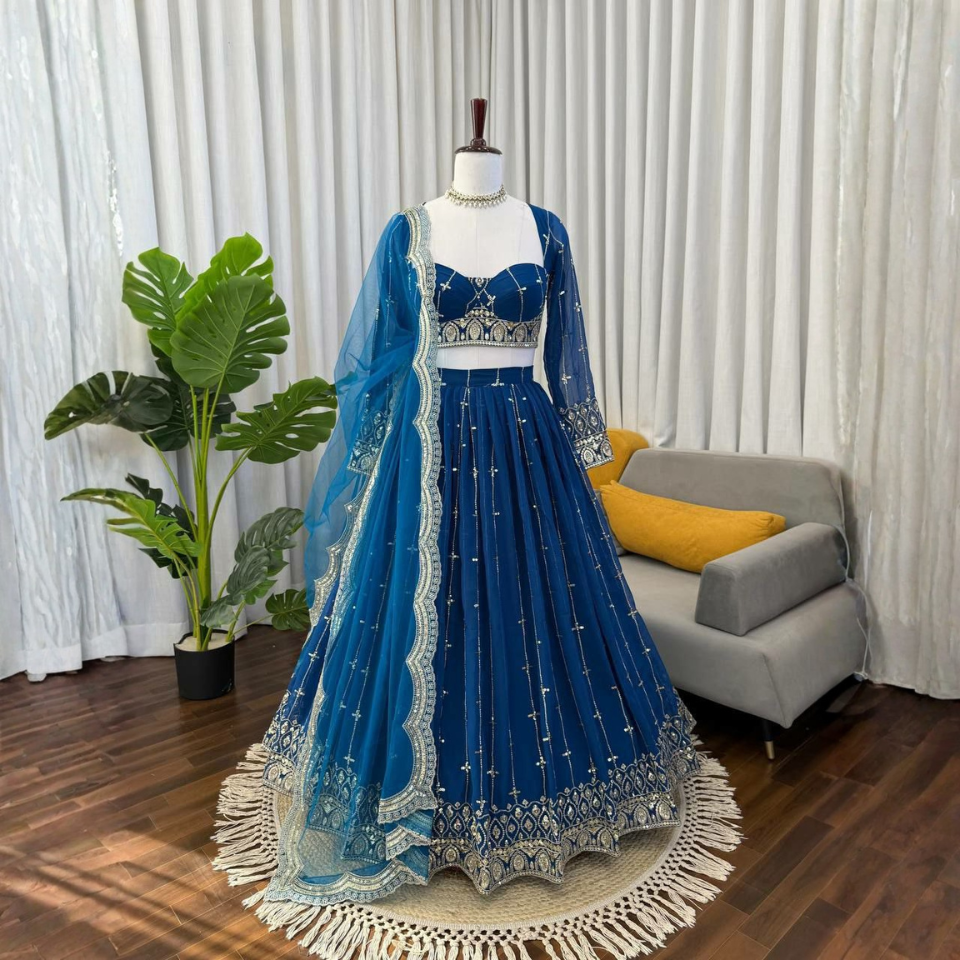 Premium Faux Georgette Embroidered Lehenga Choli with Sequins & Butterfly Net Dupatta