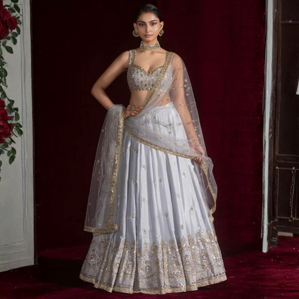 Satin Silk Lehenga with Sequins, Dori and Zari Embroidery Work