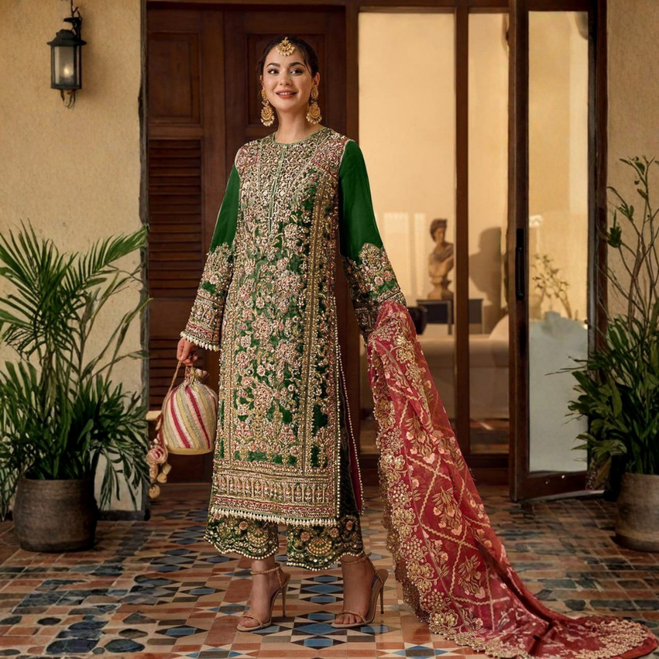 Heavy Georgette Embroidered Suit Set with Sequin, Moti & Mirror Work Dupatta