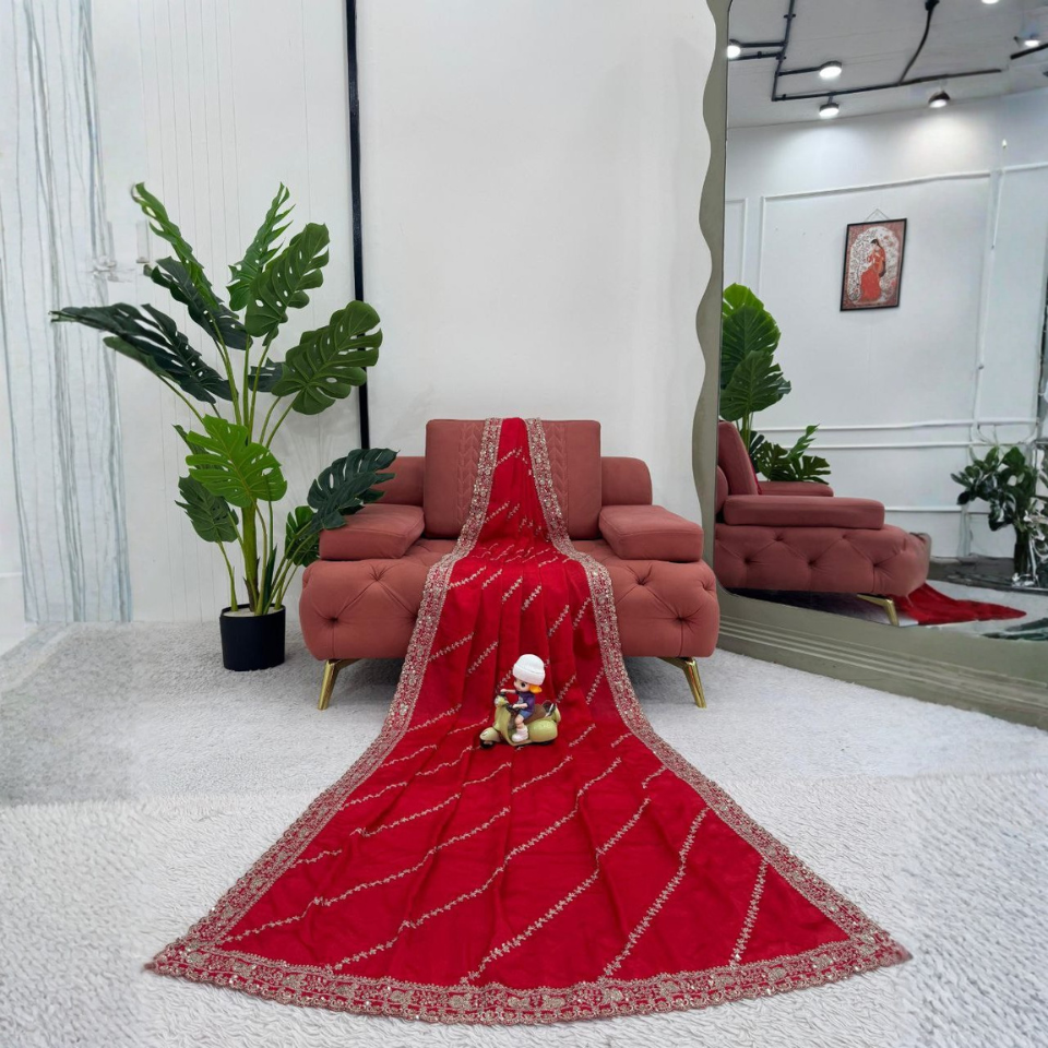 Chinon Silk Saree with Thread and Sequence Embroidery Work