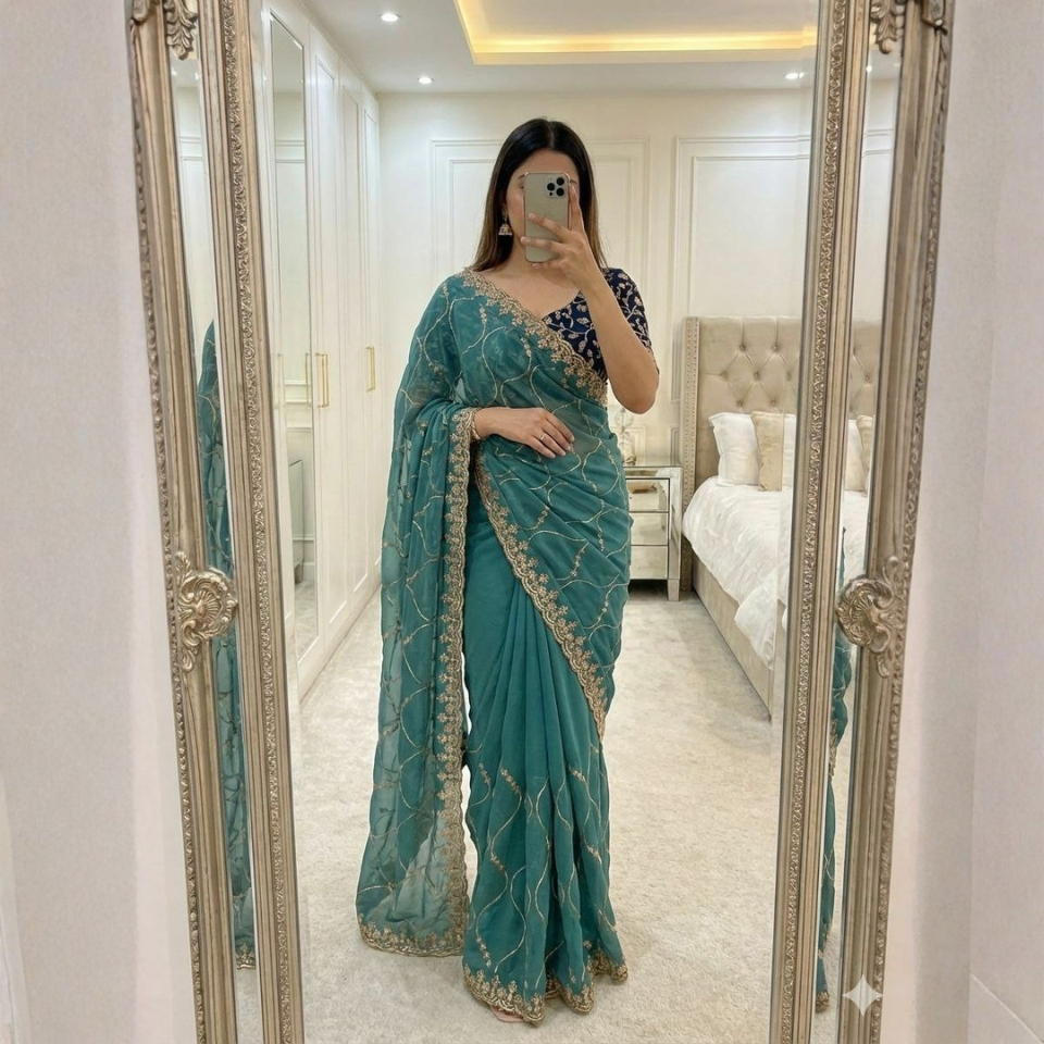 Star Georgette Embroidered Saree with Contrast Running Blouse