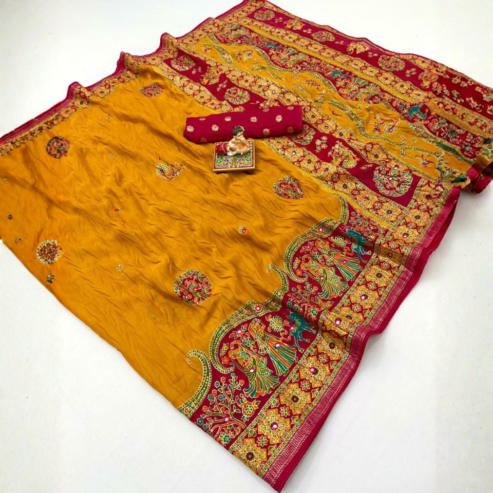 Vintage Foil Work Moss Mellow Georgette Silk Saree with Rich Tassel Pallu