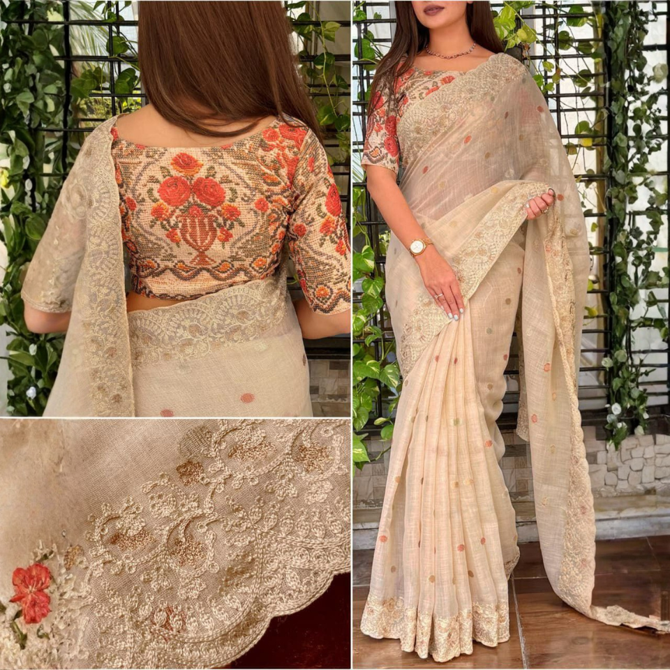 Linen Cotton Zari Weaving Saree with Embroidered Border & Printed Blouse