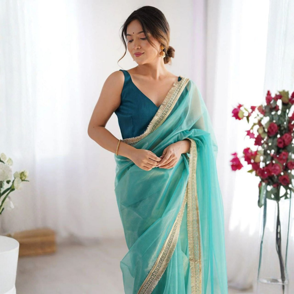 Twill Net Fancy Lace Border Party Wear Saree with Mono Banglori Blouse