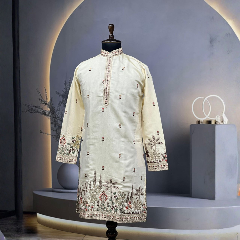 Men’s Roman Shimmer Embroidered Kurta with Heavy Daman & Golden Sequence Work