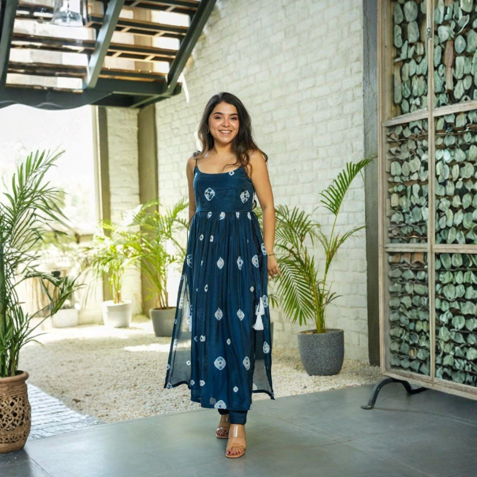 Firozi Taby Silk Printed Nyra Cut Kurti Pant Set with Dori Sleeves