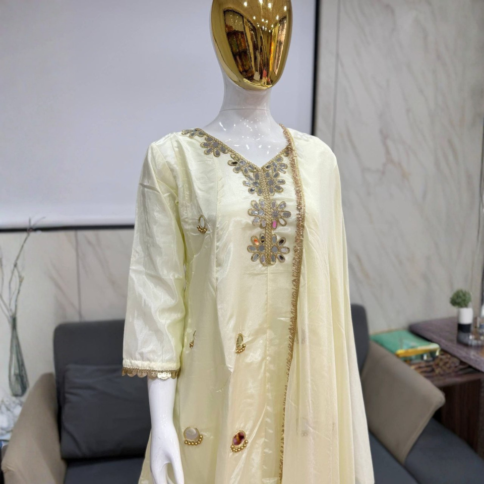 Premium Tissue Silk Kurti Set with Mirror Work & Floral Embroidery