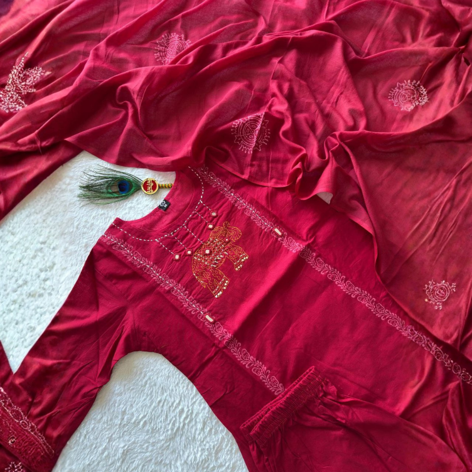 Pure Cotton Mirror Work Kurti Set with Hand Block Print Mul Cotton Dupatta