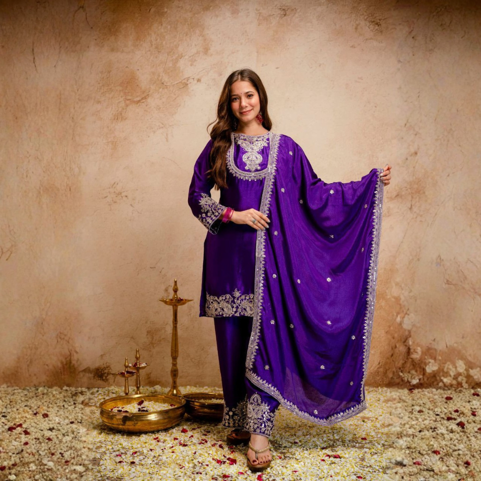 Viscose Chinon Silk Embroidered Kurti Set with Dupatta
