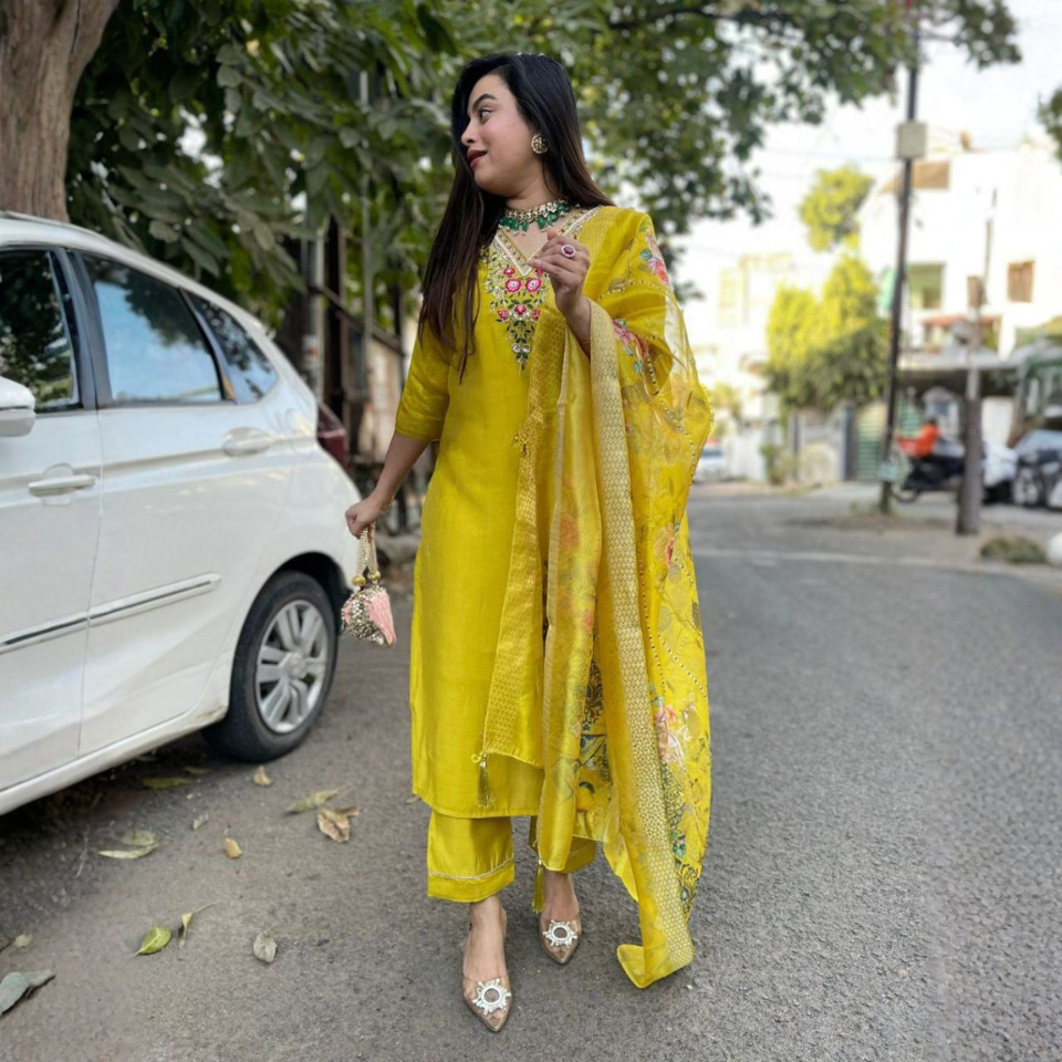 Pure Viscose Chanderi Sequin Embroidered Suit with Heavy Jacquard Dupatta