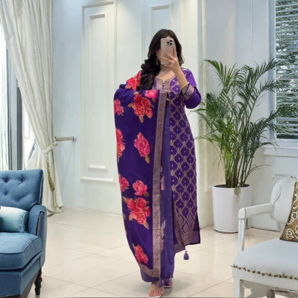Banarasi Silk Look Kurti Pant Dupatta Set with Jari Work and Cotton Lining