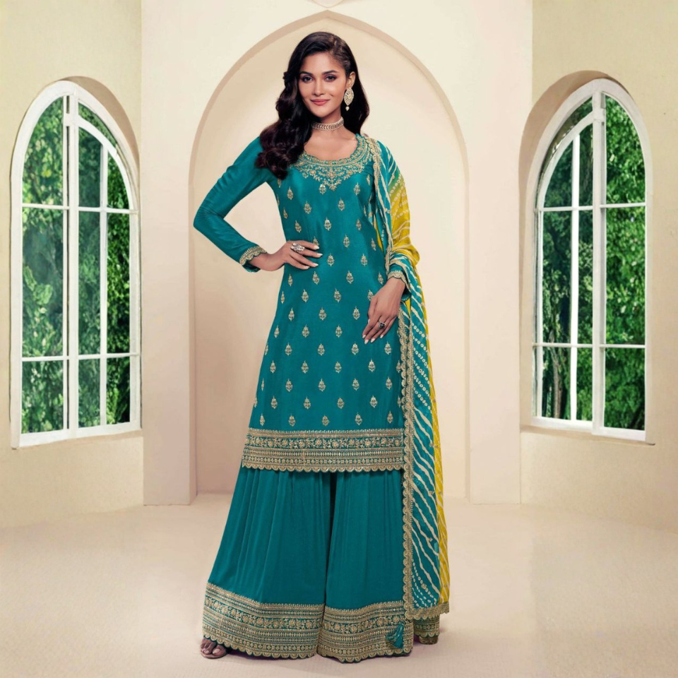 Women’s Viscose Chinon Embroidered Kurta Plazo Set with Printed Chiffon Dupatta