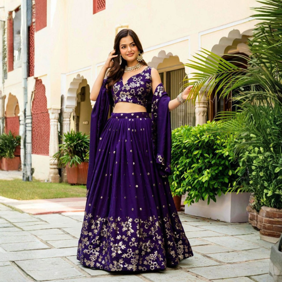 Vichitra Silk Embroidered Lehenga with Zari and Sequin Work